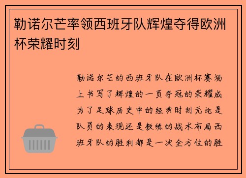 勒诺尔芒率领西班牙队辉煌夺得欧洲杯荣耀时刻