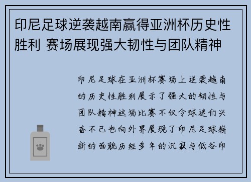 印尼足球逆袭越南赢得亚洲杯历史性胜利 赛场展现强大韧性与团队精神