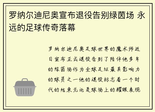 罗纳尔迪尼奥宣布退役告别绿茵场 永远的足球传奇落幕