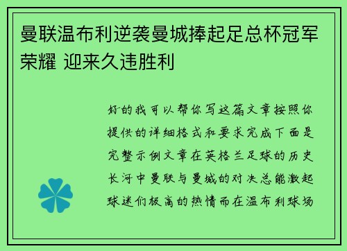 曼联温布利逆袭曼城捧起足总杯冠军荣耀 迎来久违胜利